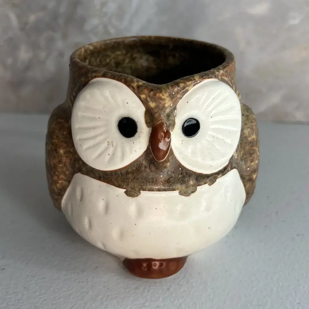 Studio Art Pottery Mug Owl Brown Speckled Hand Painted Matte Unmarked